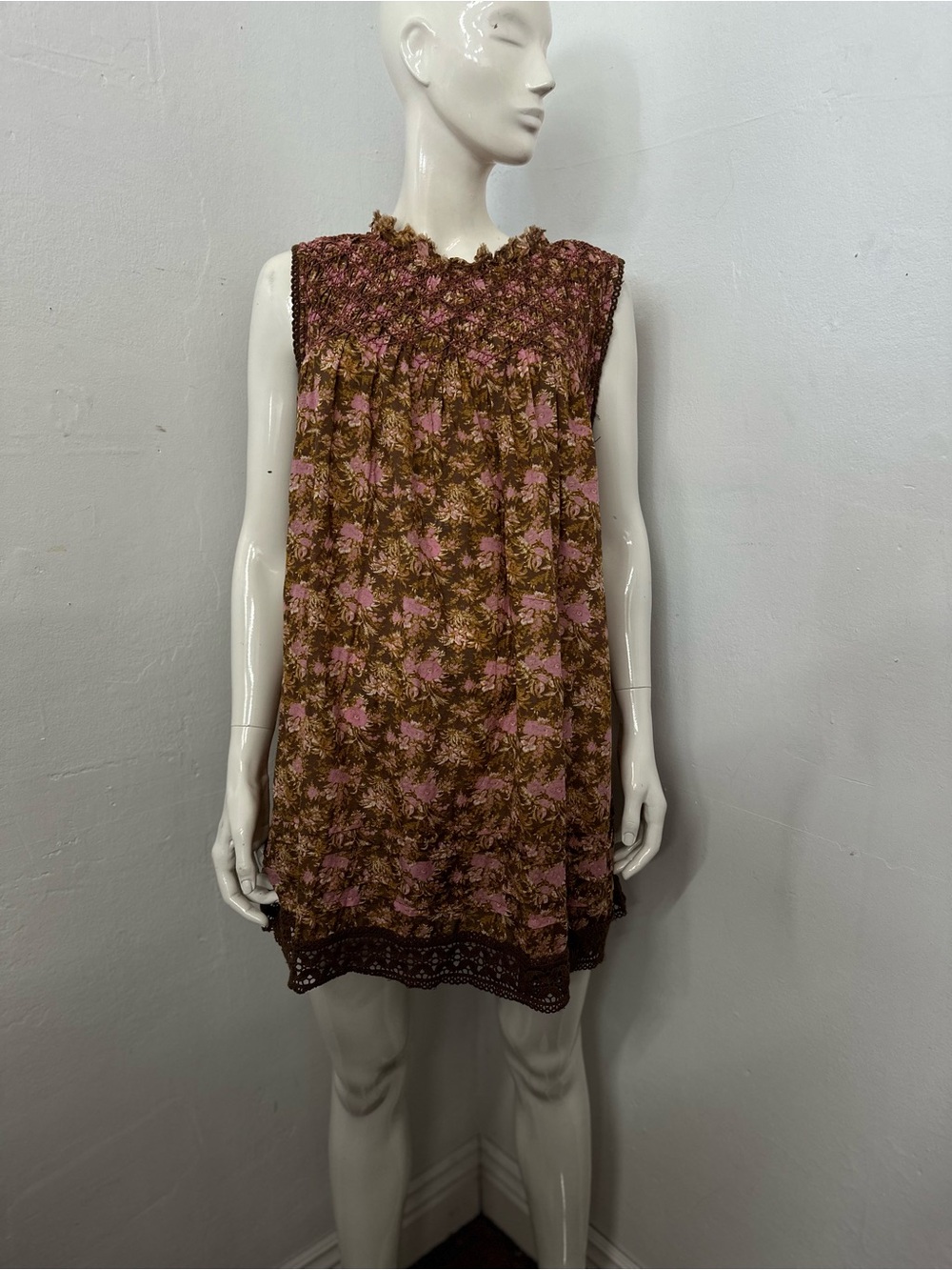 Free people Sleeveless Floral Smocked tunic  Dress in Brown and Pink
